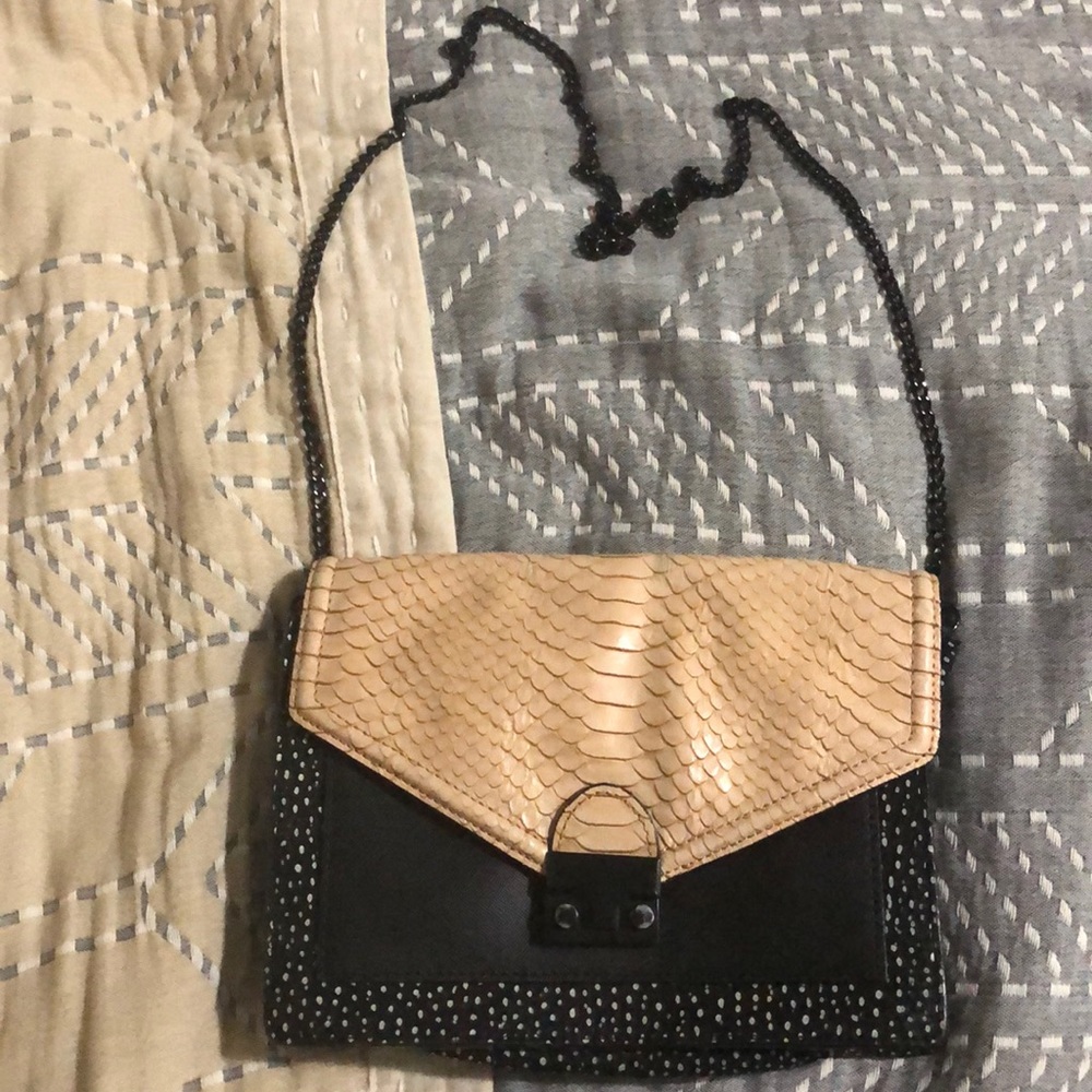 Loeffler Randall Two-Tone Snake Embossed Flap Crossbody — Black and Beige